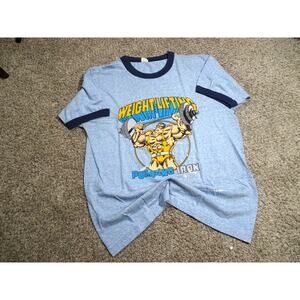 Vintage 80s Pumping Iron Ringer T-Shirt Screen Stars Tag, Size Large Distressed